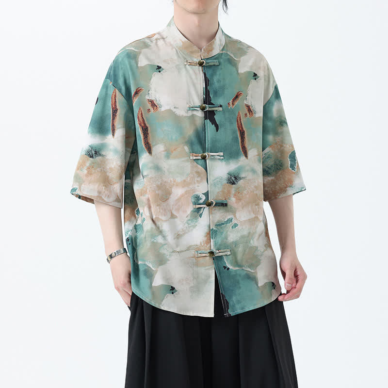 Buddha Stones Camicia da uomo a maniche corte con colletto alla coreana, bottoni a rana e stampa acquerello, stile Summer Tang. - Cadetto Blu - US/UK/AU48, EU58 (5XL) - image 0