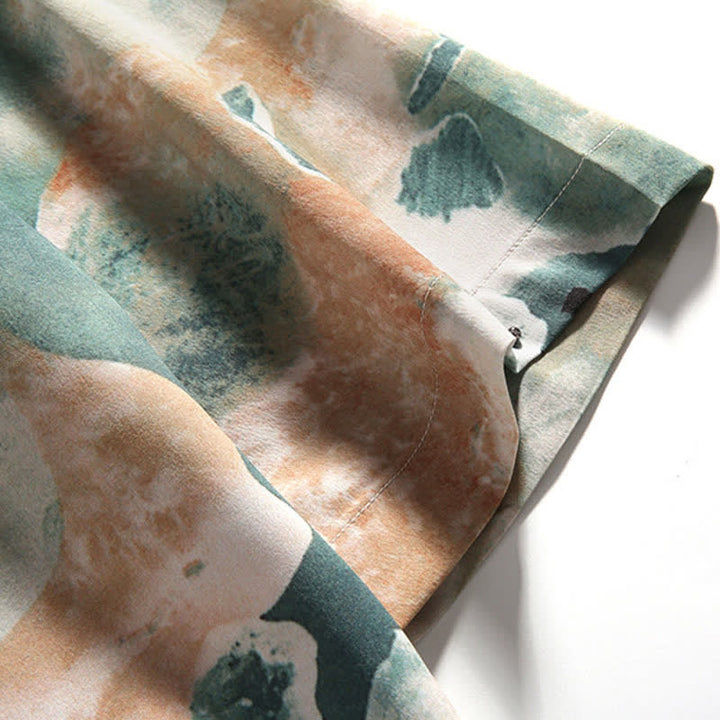 Buddha Stones Camicia da uomo a maniche corte con colletto alla coreana, bottoni a rana e stampa acquerello, stile Summer Tang. - image 12