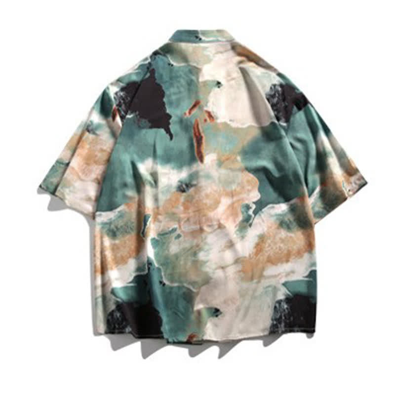 Buddha Stones Camicia da uomo a maniche corte con colletto alla coreana, bottoni a rana e stampa acquerello, stile Summer Tang. - image 8
