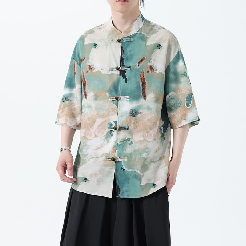 Buddha Stones Camicia da uomo a maniche corte con colletto alla coreana, bottoni a rana e stampa acquerello, stile Summer Tang. - image 6