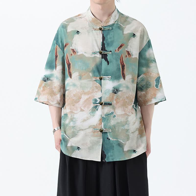 Buddha Stones Camicia da uomo a maniche corte con colletto alla coreana, bottoni a rana e stampa acquerello, stile Summer Tang. - image 1