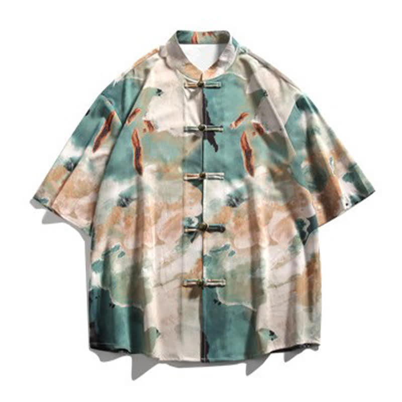 Buddha Stones Camicia da uomo a maniche corte con colletto alla coreana, bottoni a rana e stampa acquerello, stile Summer Tang. - image 7