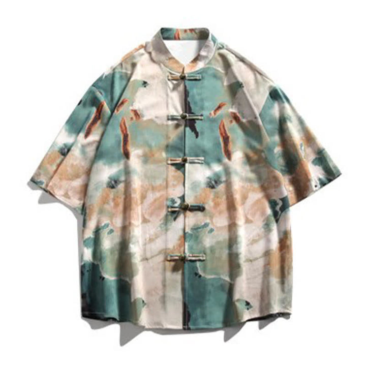 Buddha Stones Camicia da uomo a maniche corte con colletto alla coreana, bottoni a rana e stampa acquerello, stile Summer Tang. - image 7