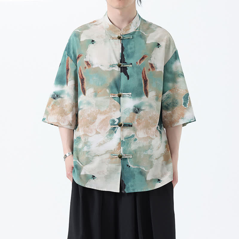 Buddha Stones Camicia da uomo a maniche corte con colletto alla coreana, bottoni a rana e stampa acquerello, stile Summer Tang. - image 5