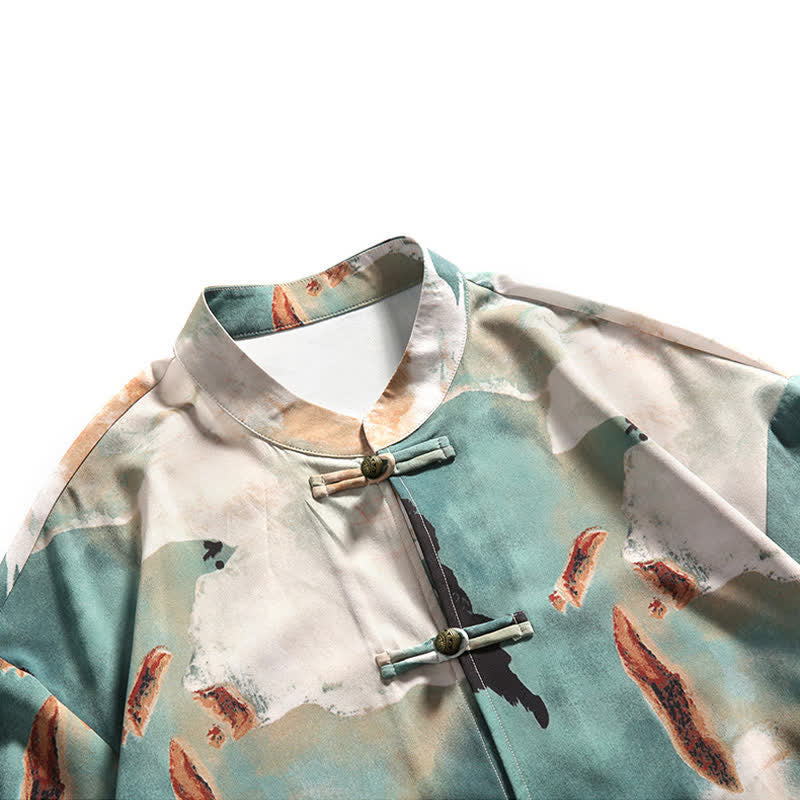 Buddha Stones Camicia da uomo a maniche corte con colletto alla coreana, bottoni a rana e stampa acquerello, stile Summer Tang. - image 9