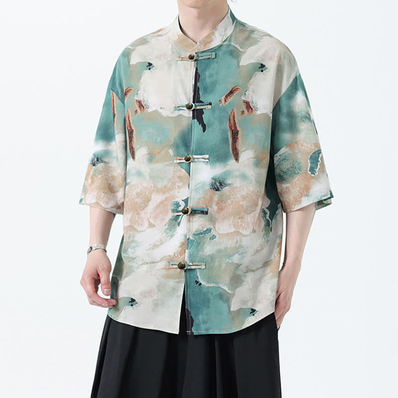 Buddha Stones Camicia da uomo a maniche corte con colletto alla coreana, bottoni a rana e stampa acquerello, stile Summer Tang. - image 2