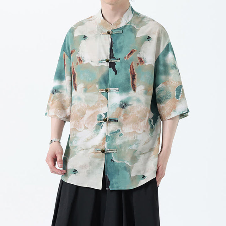 Buddha Stones Camicia da uomo a maniche corte con colletto alla coreana, bottoni a rana e stampa acquerello, stile Summer Tang. - image 2