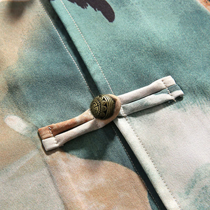 Buddha Stones Camicia da uomo a maniche corte con colletto alla coreana, bottoni a rana e stampa acquerello, stile Summer Tang. - image 10