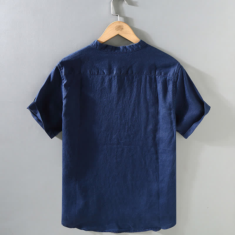 Buddha Stones Camicia da uomo estiva casual a maniche corte in lino con colletto alla coreana e bottoni a rana. - image 2