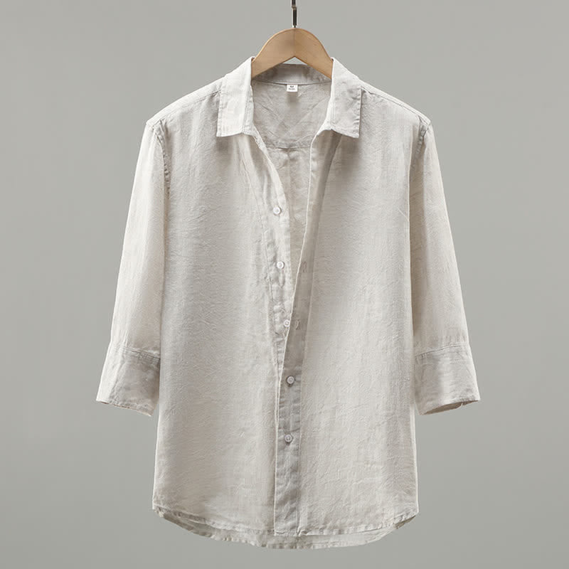 Buddha Stones Camicia da uomo primaverile minimalista in lino tinta unita con bottoni e maniche a tre quarti. - Biancheria - US/UK/AU42, EU52 (3XL) - image 0