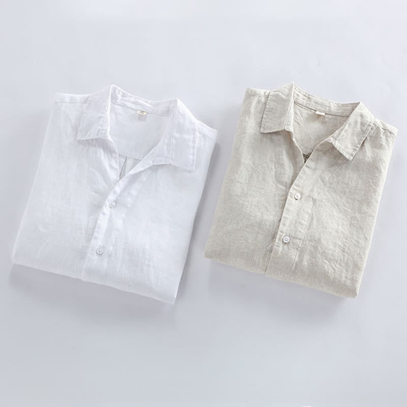 Buddha Stones Camicia da uomo primaverile minimalista in lino tinta unita con bottoni e maniche a tre quarti. - image 11