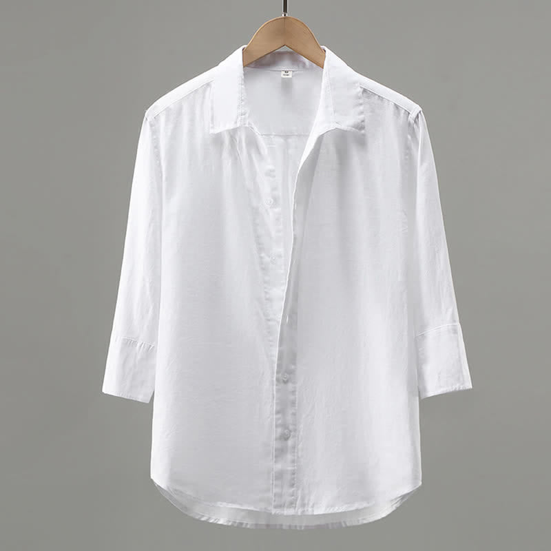 Buddha Stones Camicia da uomo primaverile minimalista in lino tinta unita con bottoni e maniche a tre quarti. - Bianco - US/UK/AU42, EU52 (3XL) - image 1