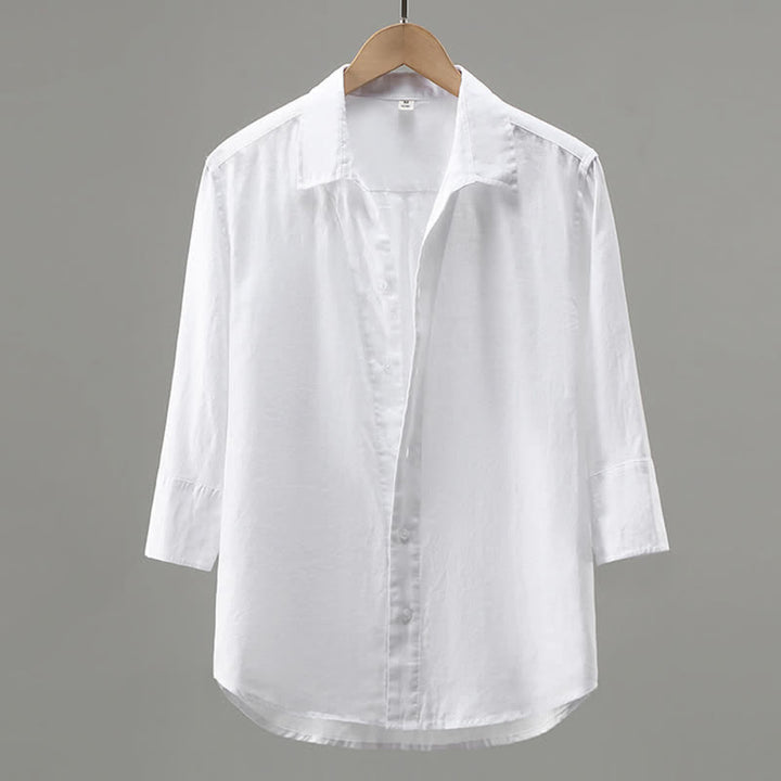 Buddha Stones Camicia da uomo primaverile minimalista in lino tinta unita con bottoni e maniche a tre quarti. - Bianco - US/UK/AU42, EU52 (3XL) - image 1