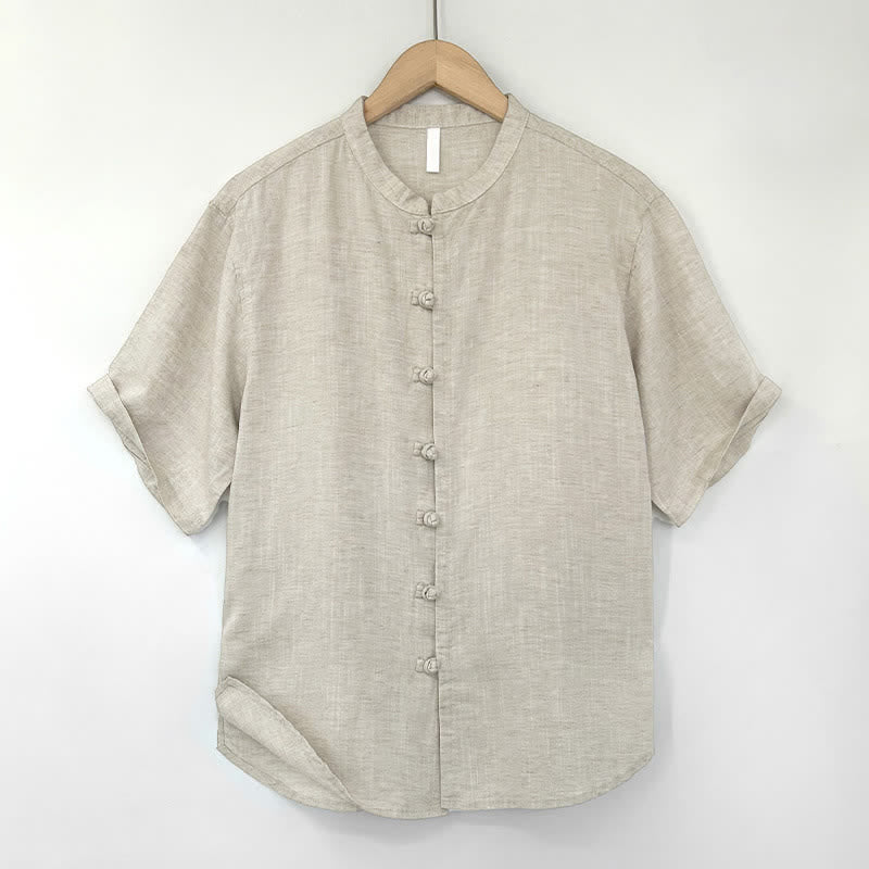 Buddha Stones Camicia da uomo a maniche corte, tinta unita, con colletto alla coreana e bottoni a rana, ideale per l'estate minimalista. - Beige - US/UK/AU44, EU54 (4XL) - image 0
