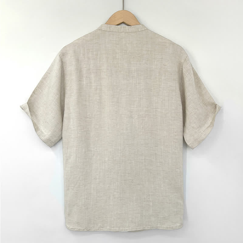 Buddha Stones Camicia da uomo a maniche corte, tinta unita, con colletto alla coreana e bottoni a rana, ideale per l'estate minimalista. - image 1