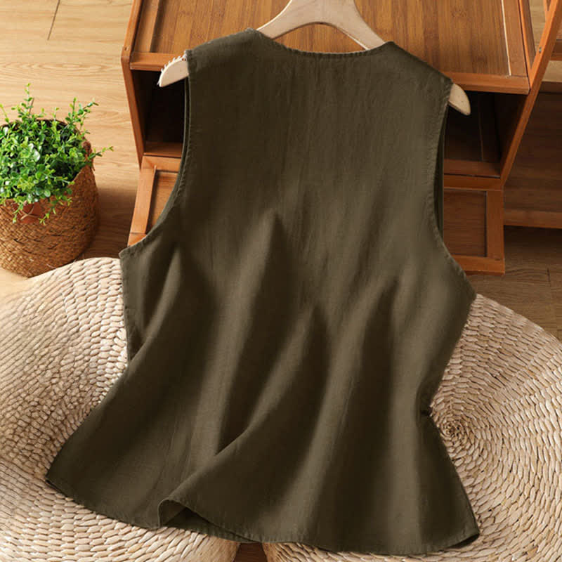 Buddha Stones Camicie estive da donna senza maniche con ricami floreali e tasche. - image 15