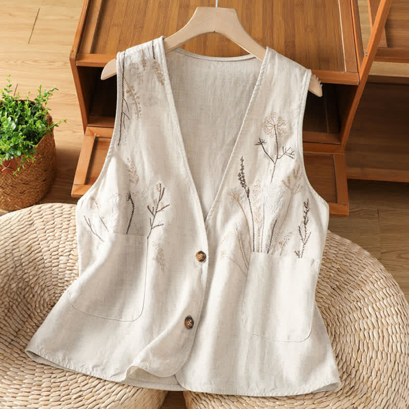Buddha Stones Camicie estive da donna senza maniche con ricami floreali e tasche. - Beige - US8-10, UK/AU12-14, EU40-42 (2XL) - image 0