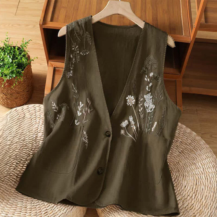 Buddha Stones Camicie estive da donna senza maniche con ricami floreali e tasche. - marrone sella - US8-10, UK/AU12-14, EU40-42 (2XL) - image 14