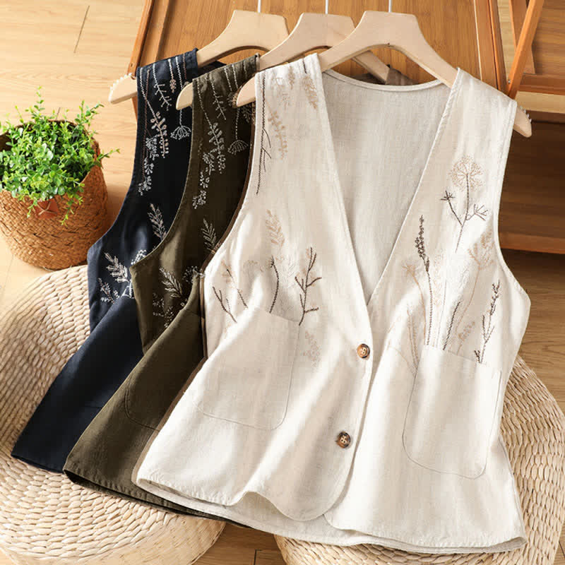 Buddha Stones Camicie estive da donna senza maniche con ricami floreali e tasche. - image 22