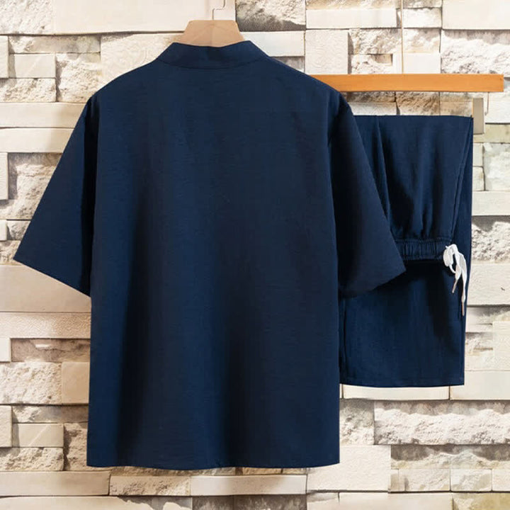 Buddha Stones Completo estivo 2 pezzi con colletto alla coreana, bottoni a rana, stampa effetto inchiostro, maniche corte, pantaloni bermuda, abbigliamento da meditazione da uomo con tasche. - image 11