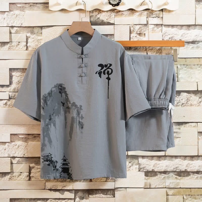 Buddha Stones Completo estivo 2 pezzi con colletto alla coreana, bottoni a rana, stampa effetto inchiostro, maniche corte, pantaloni bermuda, abbigliamento da meditazione da uomo con tasche. - Grigio ardesia chiaro - US/UK/AU44, EU54 (4XL) - image 0