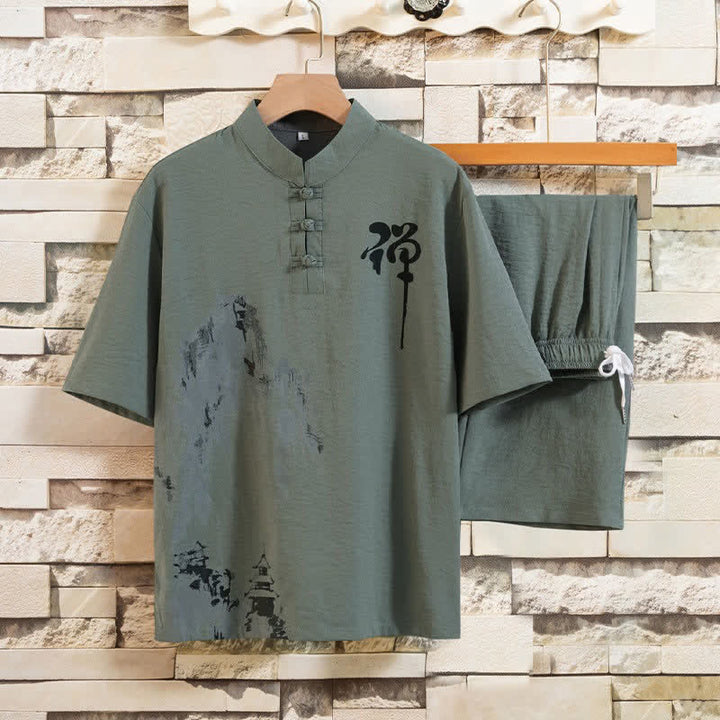 Buddha Stones Completo estivo 2 pezzi con colletto alla coreana, bottoni a rana, stampa effetto inchiostro, maniche corte, pantaloni bermuda, abbigliamento da meditazione da uomo con tasche. - Verde Mare Scuro - US/UK/AU44, EU54 (4XL) - image 8