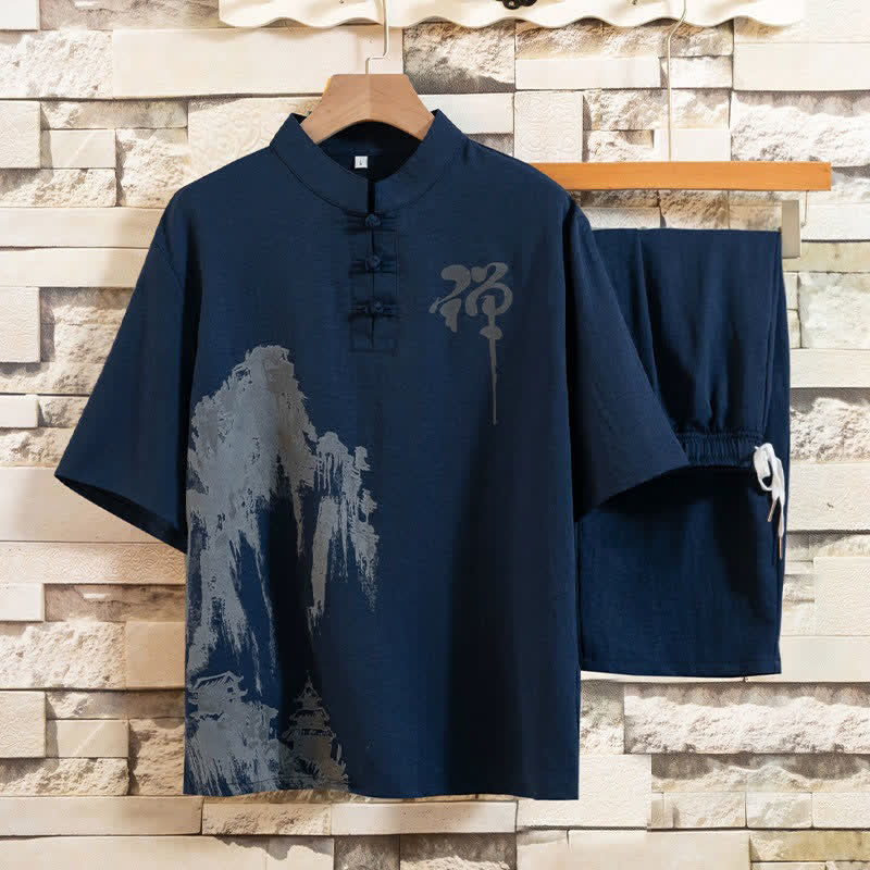 Buddha Stones Completo estivo 2 pezzi con colletto alla coreana, bottoni a rana, stampa effetto inchiostro, maniche corte, pantaloni bermuda, abbigliamento da meditazione da uomo con tasche. - Marina - US/UK/AU44, EU54 (4XL) - image 10