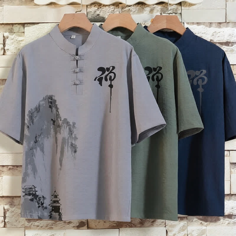 Buddha Stones Completo estivo 2 pezzi con colletto alla coreana, bottoni a rana, stampa effetto inchiostro, maniche corte, pantaloni bermuda, abbigliamento da meditazione da uomo con tasche. - image 12