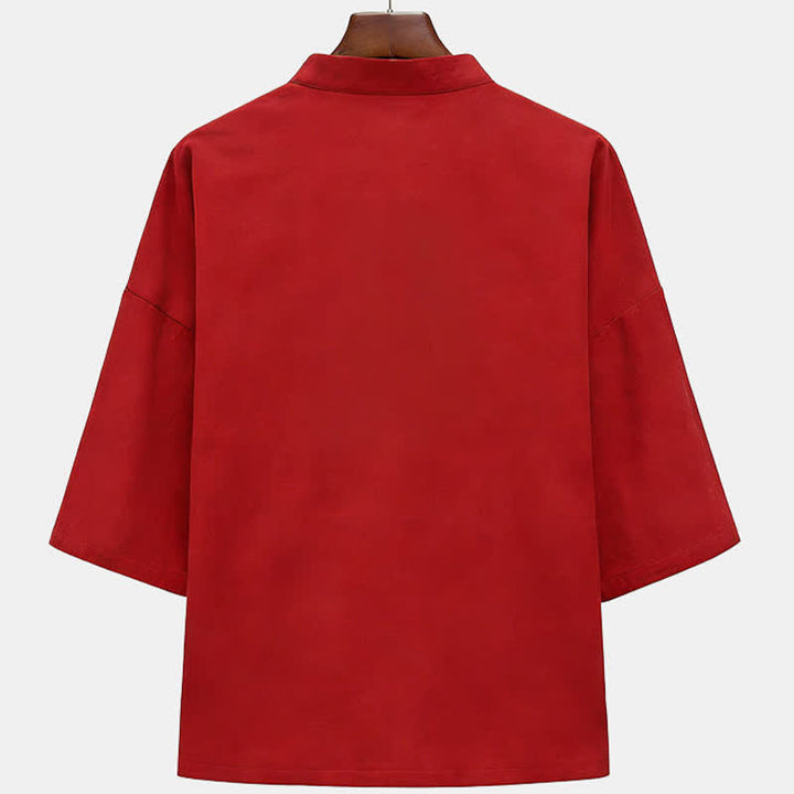 Buddha Stones Camicia da uomo a maniche corte, tinta unita, con colletto alla coreana, ricamo di cavallo, bottoni a rana e tasche, stile estivo Tang. - image 3