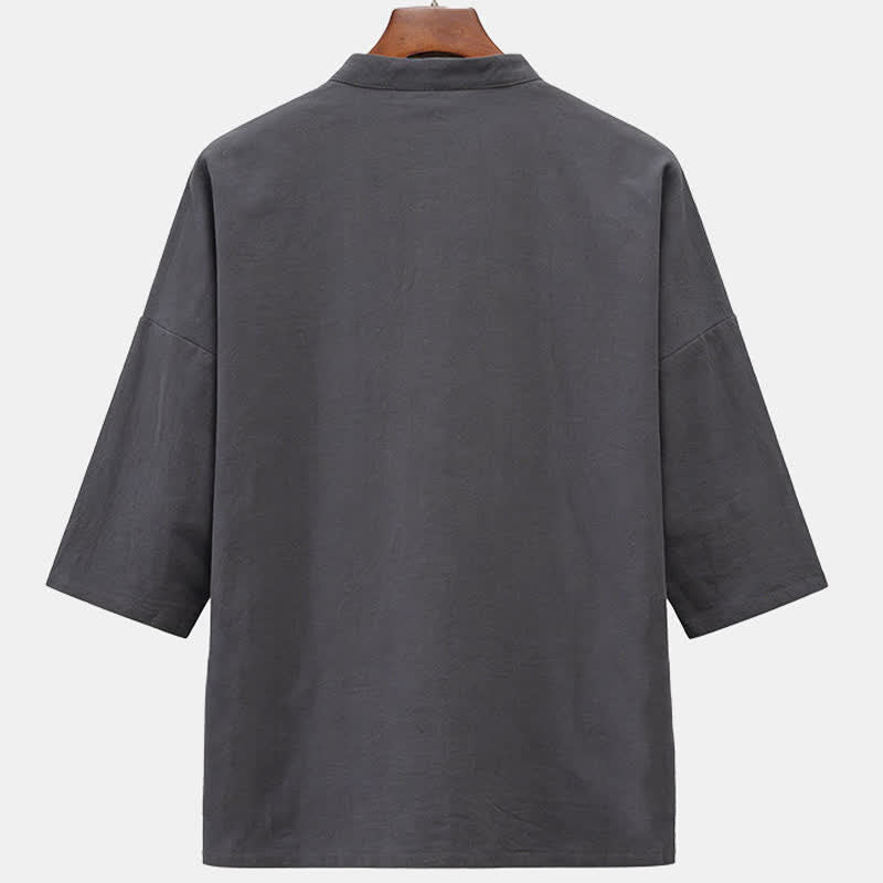 Buddha Stones Camicia da uomo a maniche corte, tinta unita, con colletto alla coreana, ricamo di cavallo, bottoni a rana e tasche, stile estivo Tang. - image 9