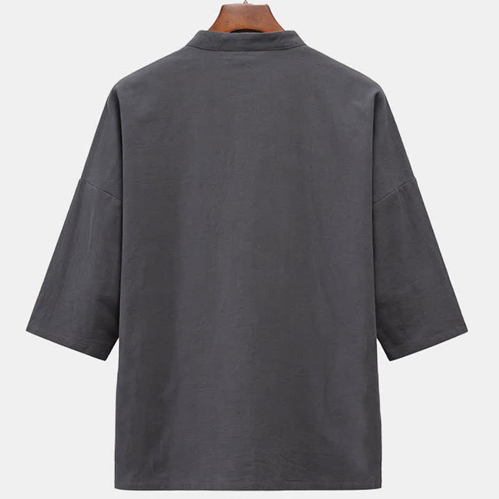Buddha Stones Camicia da uomo a maniche corte, tinta unita, con colletto alla coreana, ricamo di cavallo, bottoni a rana e tasche, stile estivo Tang. - image 9