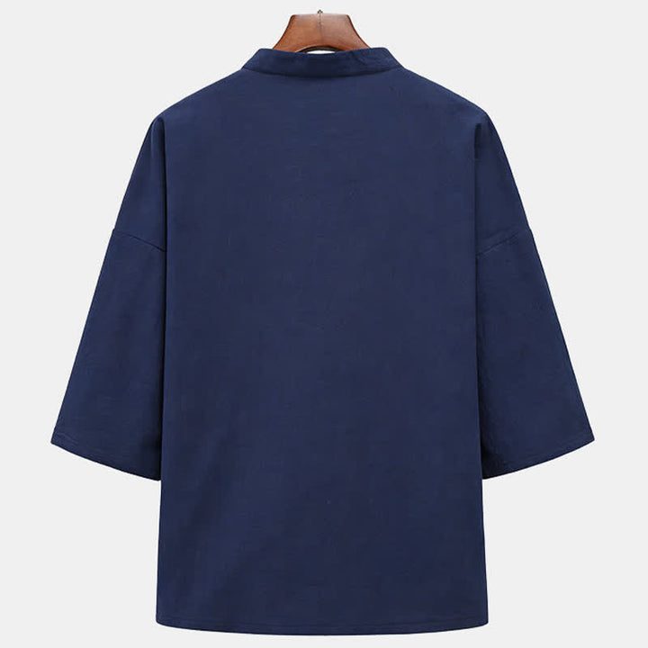 Buddha Stones Camicia da uomo a maniche corte, tinta unita, con colletto alla coreana, ricamo di cavallo, bottoni a rana e tasche, stile estivo Tang. - image 1