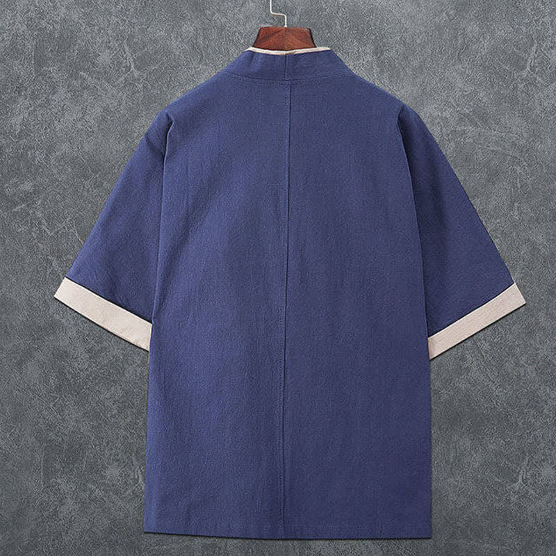 Buddha Stones Kimono da uomo estivo minimalista con scollo a V, bottoni a rana e maniche corte. - image 1
