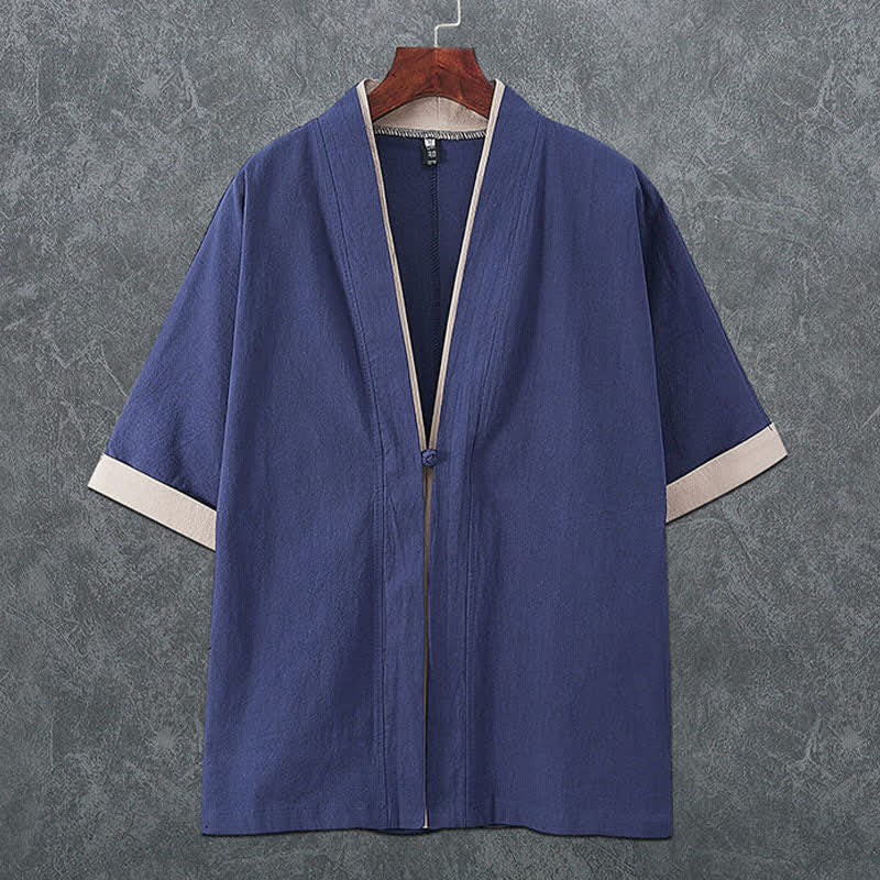 Buddha Stones Kimono da uomo estivo minimalista con scollo a V, bottoni a rana e maniche corte. - SteelBlue - US/UK/AU46, EU56 (5XL) - image 0