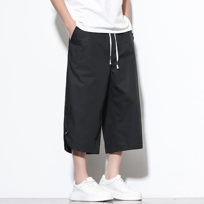Buddha Stones Pantaloni harem da uomo estivi casual in cotone tinta unita con coulisse e spacchi laterali, con tasche. - image 13