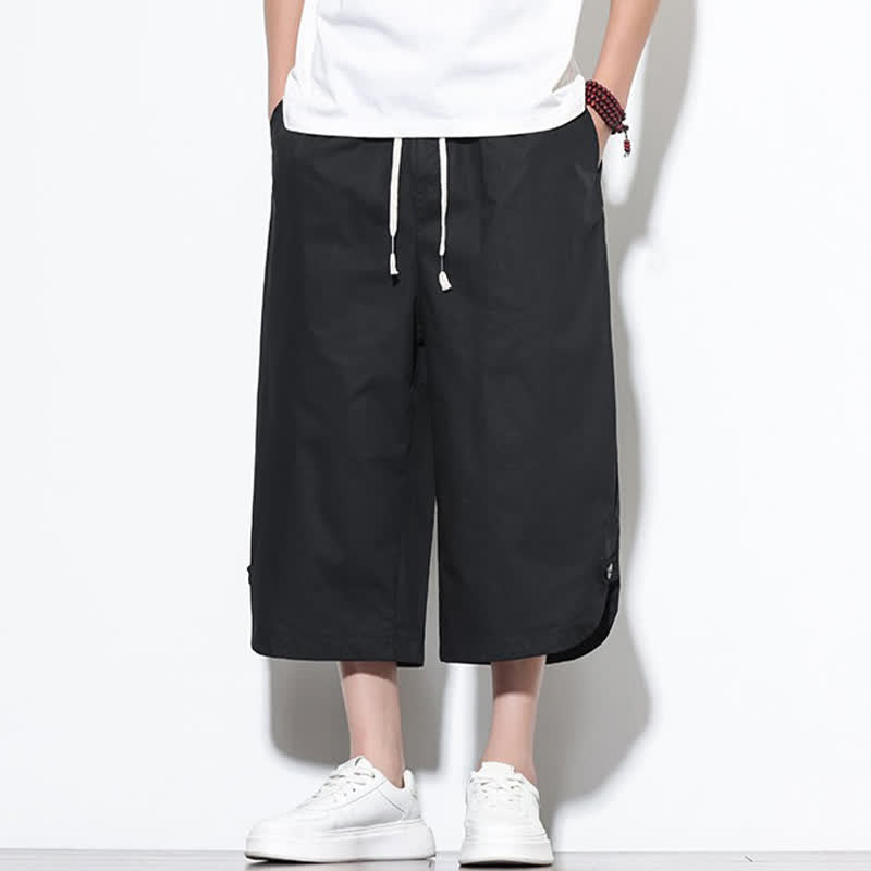 Buddha Stones Pantaloni harem da uomo estivi casual in cotone tinta unita con coulisse e spacchi laterali, con tasche. - image 10