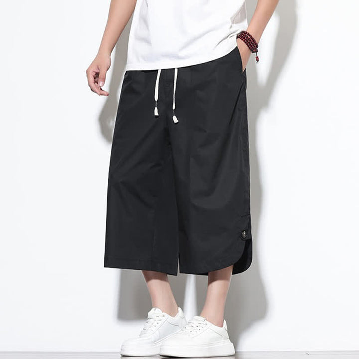 Buddha Stones Pantaloni harem da uomo estivi casual in cotone tinta unita con coulisse e spacchi laterali, con tasche. - image 14