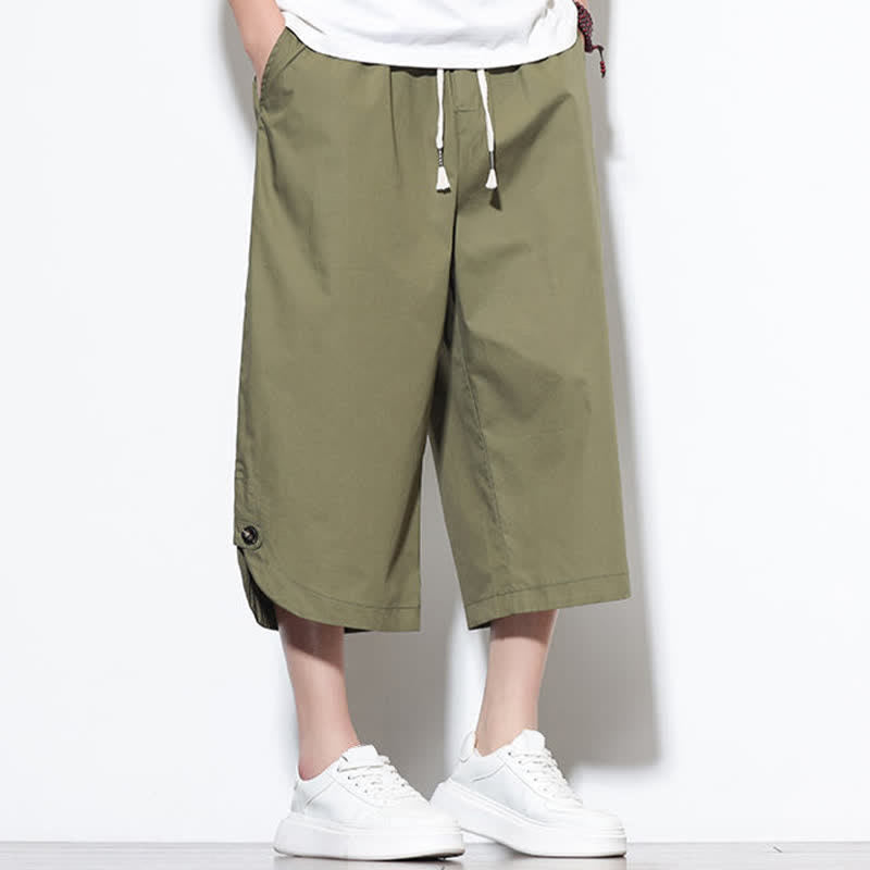 Buddha Stones Pantaloni harem da uomo estivi casual in cotone tinta unita con coulisse e spacchi laterali, con tasche. - image 7