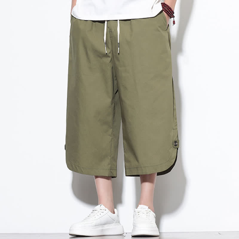 Buddha Stones Pantaloni harem da uomo estivi casual in cotone tinta unita con coulisse e spacchi laterali, con tasche. - image 3