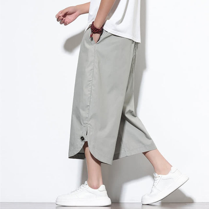 Buddha Stones Pantaloni harem da uomo estivi casual in cotone tinta unita con coulisse e spacchi laterali, con tasche. - image 26