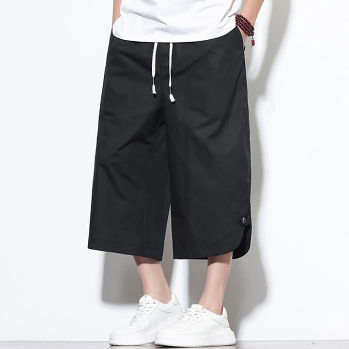 Buddha Stones Pantaloni harem da uomo estivi casual in cotone tinta unita con coulisse e spacchi laterali, con tasche. - image 15