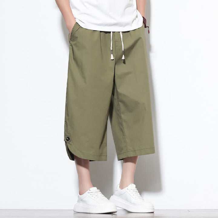 Buddha Stones Pantaloni harem da uomo estivi casual in cotone tinta unita con coulisse e spacchi laterali, con tasche. - image 8