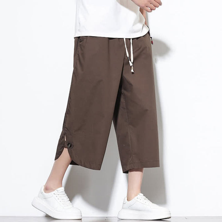 Buddha Stones Pantaloni harem da uomo estivi casual in cotone tinta unita con coulisse e spacchi laterali, con tasche. - image 37
