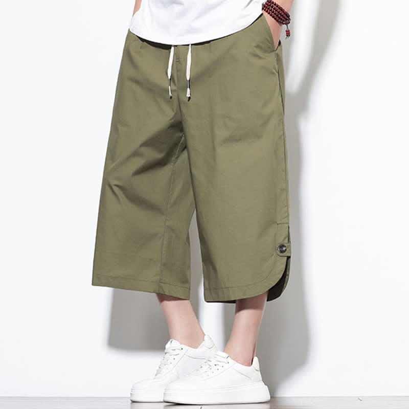 Buddha Stones Pantaloni harem da uomo estivi casual in cotone tinta unita con coulisse e spacchi laterali, con tasche. - image 5