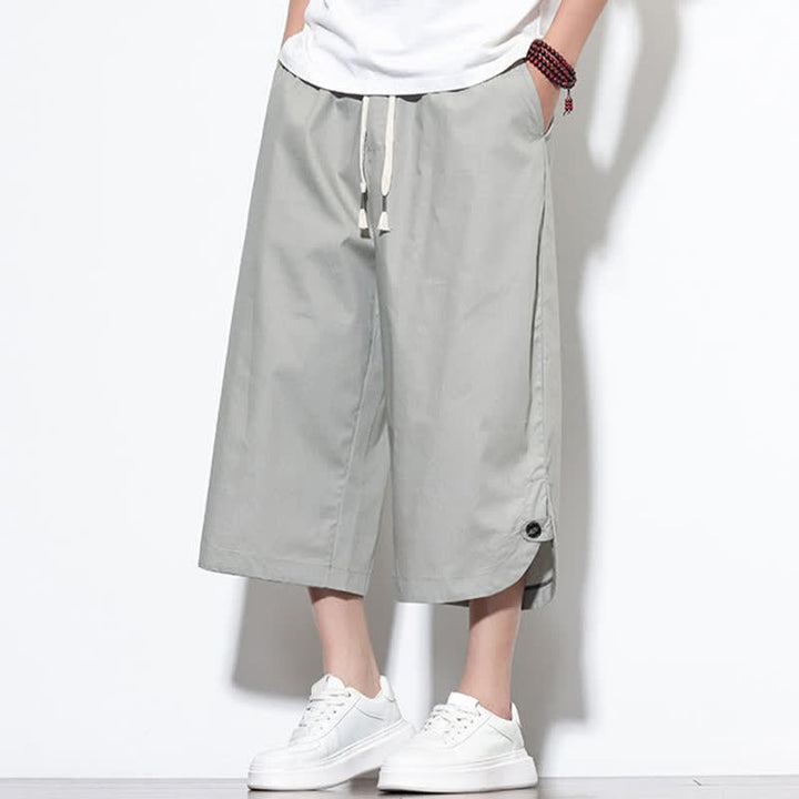 Buddha Stones Pantaloni harem da uomo estivi casual in cotone tinta unita con coulisse e spacchi laterali, con tasche. - image 24