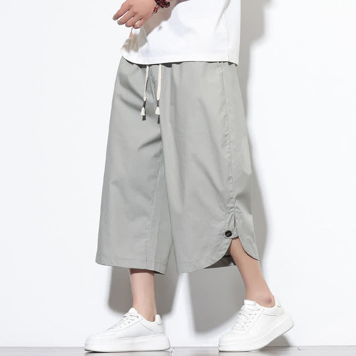 Buddha Stones Pantaloni harem da uomo estivi casual in cotone tinta unita con coulisse e spacchi laterali, con tasche. - Grigio chiaro - US/UK/AU48, EU58 (5XL) - image 18