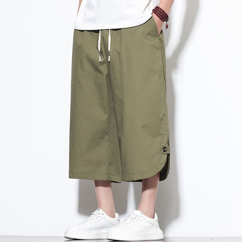 Buddha Stones Pantaloni harem da uomo estivi casual in cotone tinta unita con coulisse e spacchi laterali, con tasche. - image 1
