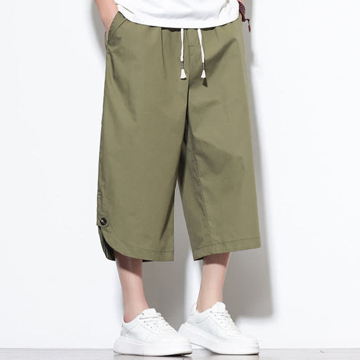 Buddha Stones Pantaloni harem da uomo estivi casual in cotone tinta unita con coulisse e spacchi laterali, con tasche. - image 7
