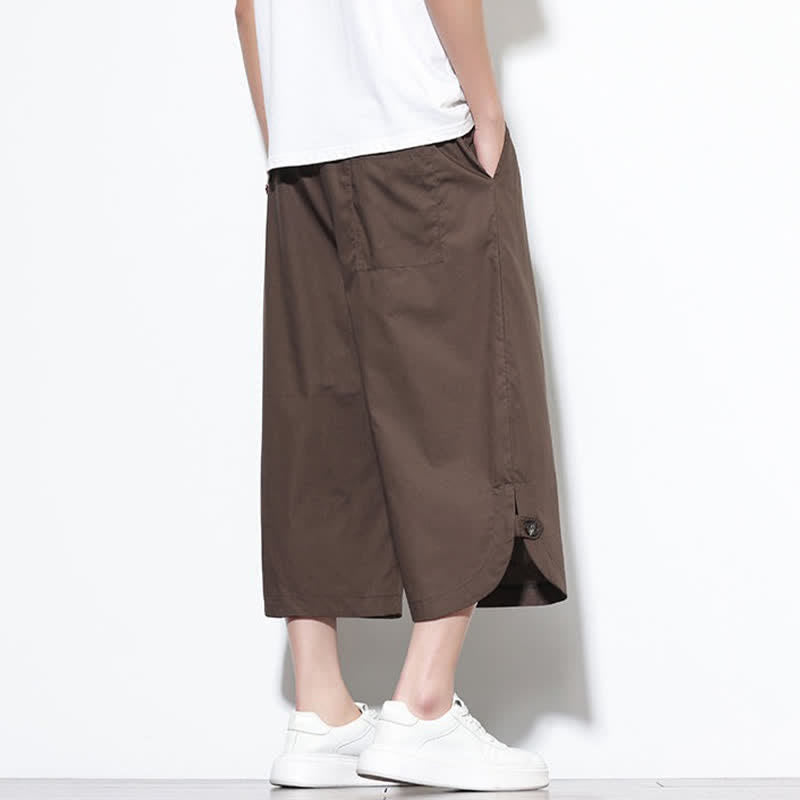 Buddha Stones Pantaloni harem da uomo estivi casual in cotone tinta unita con coulisse e spacchi laterali, con tasche. - image 33