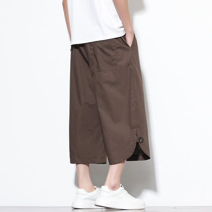 Buddha Stones Pantaloni harem da uomo estivi casual in cotone tinta unita con coulisse e spacchi laterali, con tasche. - image 33